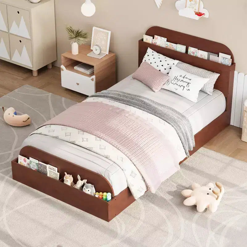 Estructura de cama individual, camas de madera con cabecero de almacenamiento y pie de cama elevado para niños, cama de plataforma baja de suelo para dormitorio, sin necesidad de somier