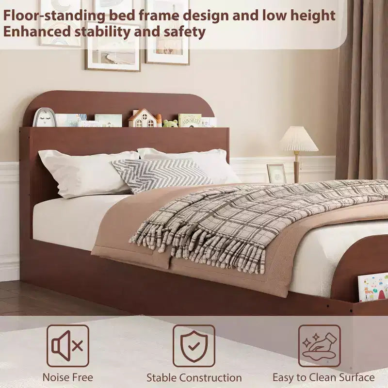 Estructura de cama individual, camas de madera con cabecero de almacenamiento y pie de cama elevado para niños, cama de plataforma baja de suelo para dormitorio, sin necesidad de somier