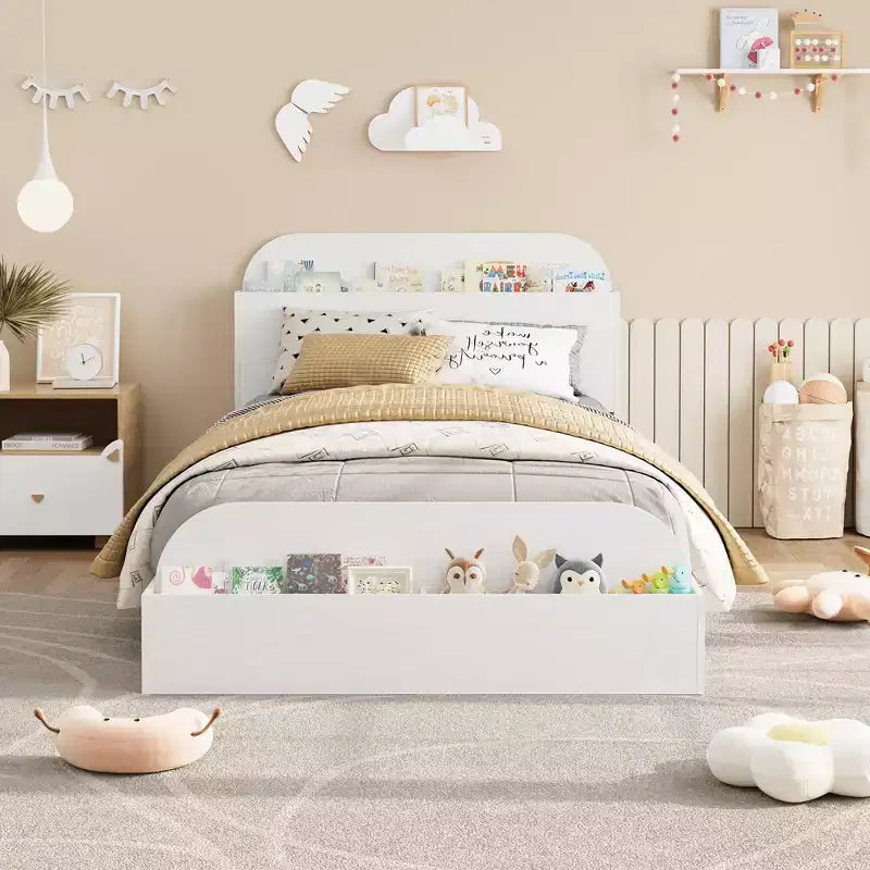 Estructura de cama individual, camas de madera con cabecero de almacenamiento y pie de cama elevado para niños, cama de plataforma baja de suelo para dormitorio, sin necesidad de somier