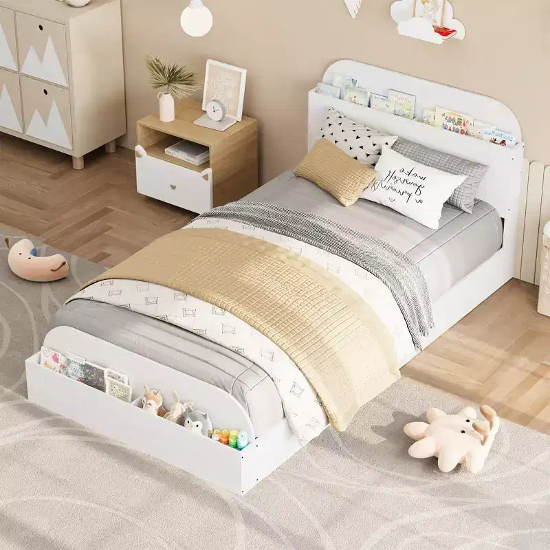 Estructura de cama individual, camas de madera con cabecero de almacenamiento y pie de cama elevado para niños, cama de plataforma baja de suelo para dormitorio, sin necesidad de somier