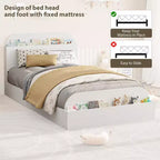 Estructura de cama individual, camas de madera con cabecero de almacenamiento y pie de cama elevado para niños, cama de plataforma baja de suelo para dormitorio, sin necesidad de somier