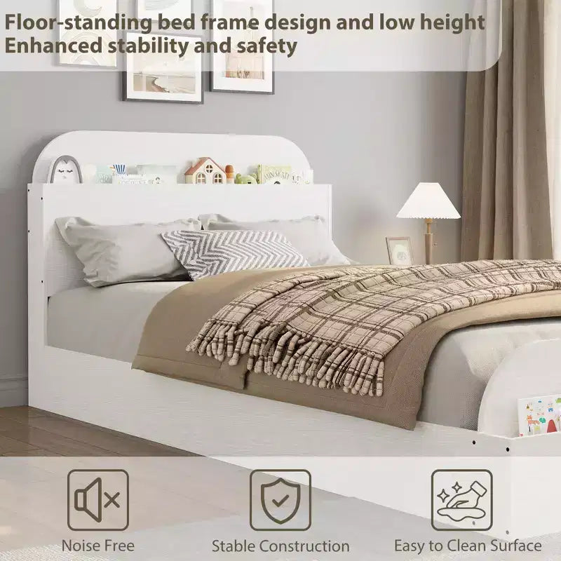 Estructura de cama individual, camas de madera con cabecero de almacenamiento y pie de cama elevado para niños, cama de plataforma baja de suelo para dormitorio, sin necesidad de somier