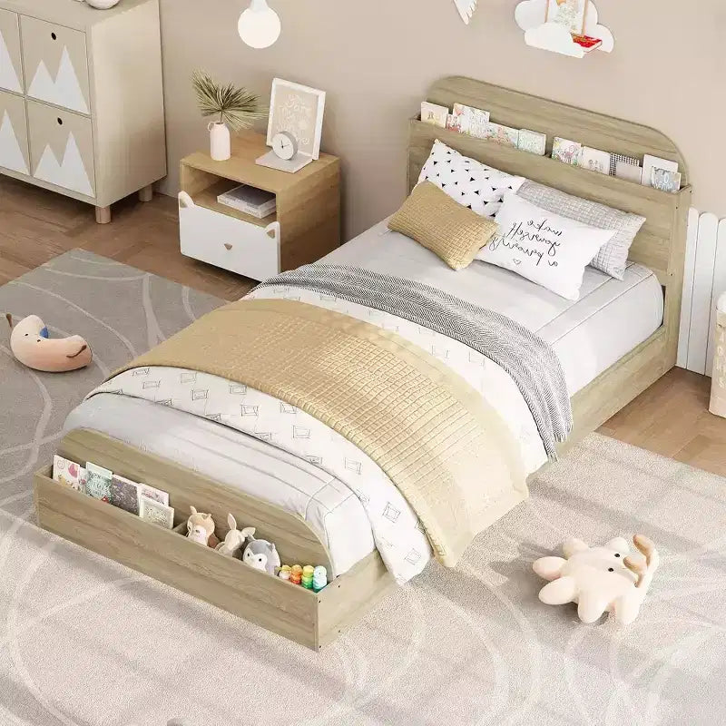 Estructura de cama individual, camas de madera con cabecero de almacenamiento y pie de cama elevado para niños, cama de plataforma baja de suelo para dormitorio, sin necesidad de somier