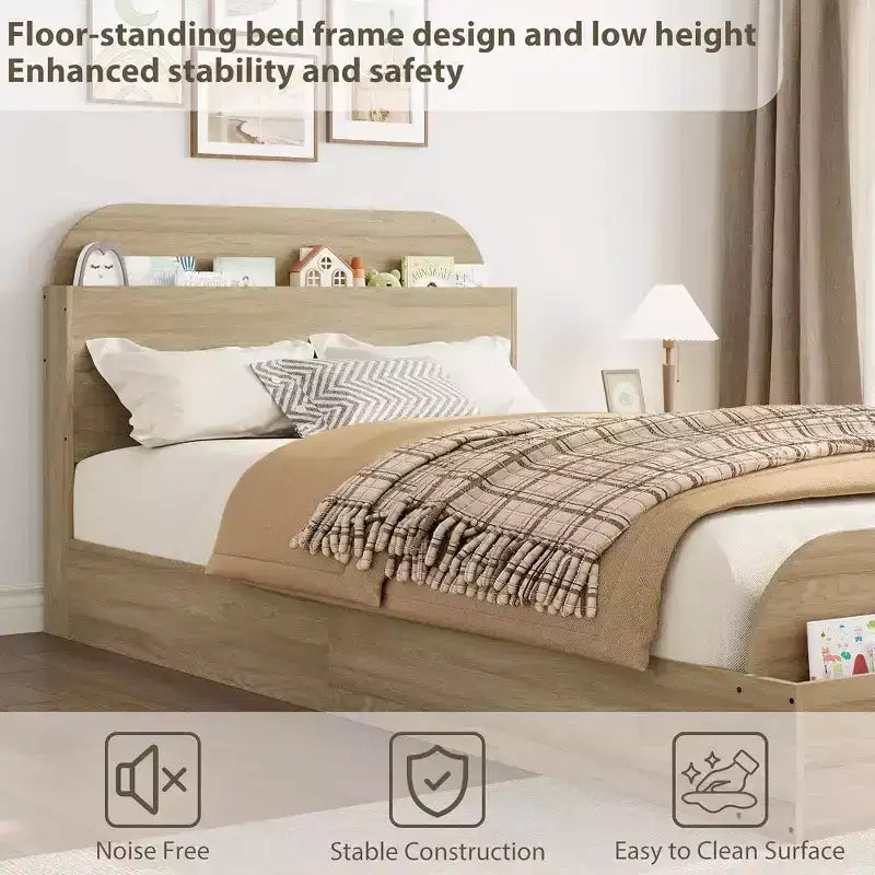 Estructura de cama individual, camas de madera con cabecero de almacenamiento y pie de cama elevado para niños, cama de plataforma baja de suelo para dormitorio, sin necesidad de somier