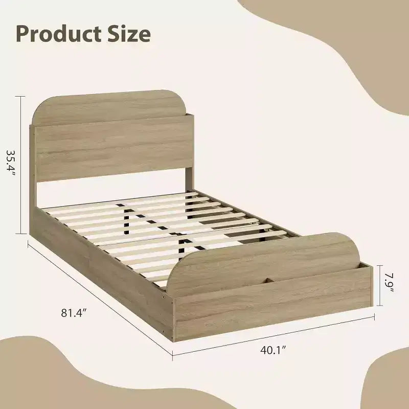Estructura de cama individual, camas de madera con cabecero de almacenamiento y pie de cama elevado para niños, cama de plataforma baja de suelo para dormitorio, sin necesidad de somier