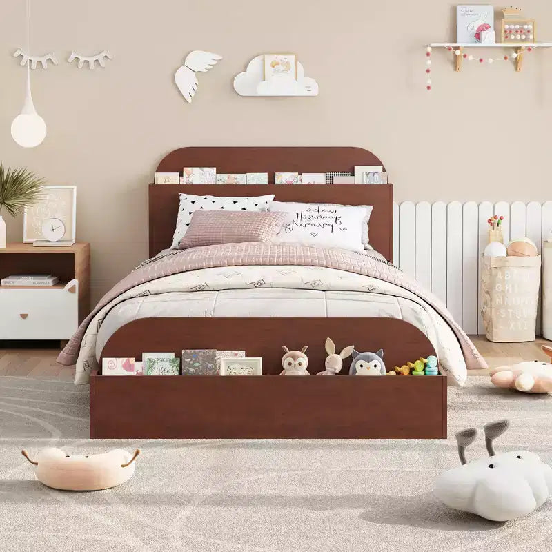 Estructura de cama individual, camas de madera con cabecero de almacenamiento y pie de cama elevado para niños, cama de plataforma baja de suelo para dormitorio, sin necesidad de somier