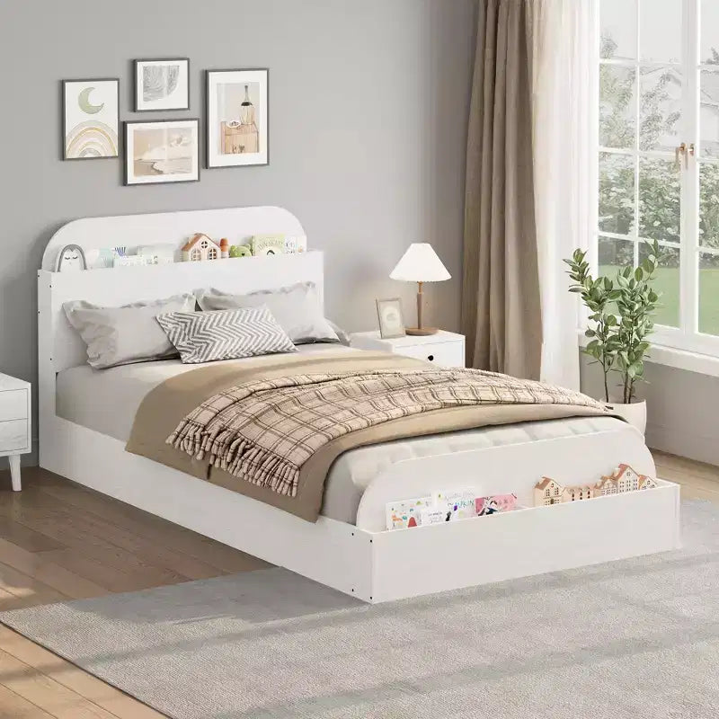 Estructura de cama individual, camas de madera con cabecero de almacenamiento y pie de cama elevado para niños, cama de plataforma baja de suelo para dormitorio, sin necesidad de somier