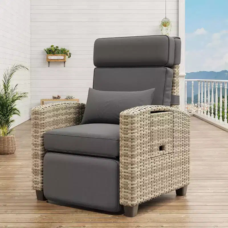 Outdoor Recliner Chair, Rattan Patio Recliner with Air Pump, Adjustable Backrest & Footrest, 150 Lay Flat, Wicker Lounge Recliner Patio Chair , Grey