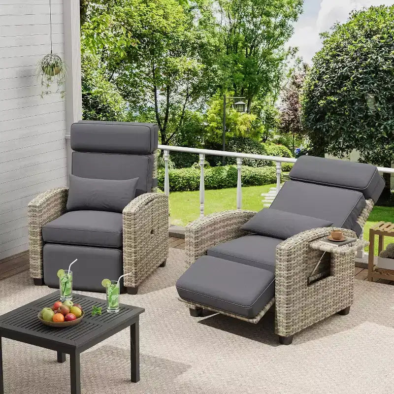 Tumbona reclinable para exteriores, tumbona de ratán para patio con bomba de aire, respaldo y reposapiés ajustables, reclinación de 150 grados, tumbona de mimbre para patio, gris