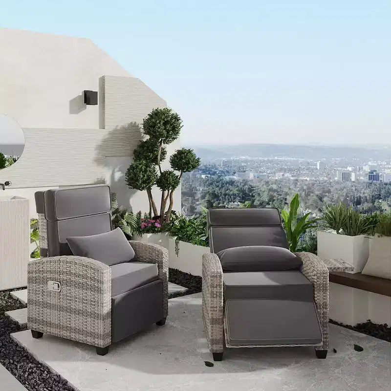 Tumbona reclinable para exteriores, tumbona de ratán para patio con bomba de aire, respaldo y reposapiés ajustables, reclinación de 150 grados, tumbona de mimbre para patio, gris