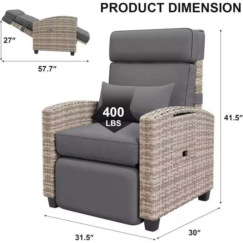 Tumbona reclinable para exteriores, tumbona de ratán para patio con bomba de aire, respaldo y reposapiés ajustables, reclinación de 150 grados, tumbona de mimbre para patio, gris