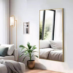 PexFix 59x28 Espejo de cuerpo entero rectangular de ángulo recto con borde fino de aluminio y soporte