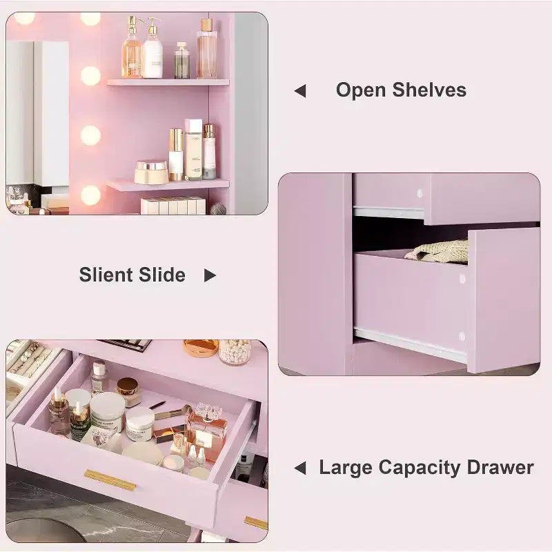 Tocador de maquillaje de 61 pulgadas con espejo y luces, tocador con 8 cajones de almacenamiento amplios y 3 modos de iluminación con brillo ajustable para dormitorio