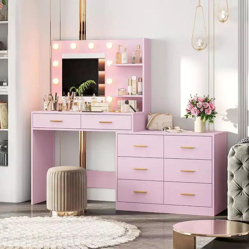 Tocador de maquillaje de 61 pulgadas con espejo y luces, tocador con 8 cajones de almacenamiento amplios y 3 modos de iluminación con brillo ajustable para dormitorio