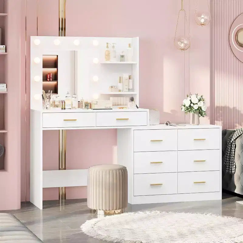 Tocador de maquillaje de 61 pulgadas con espejo y luces, tocador con 8 cajones de almacenamiento amplios y 3 modos de iluminación con brillo ajustable para dormitorio