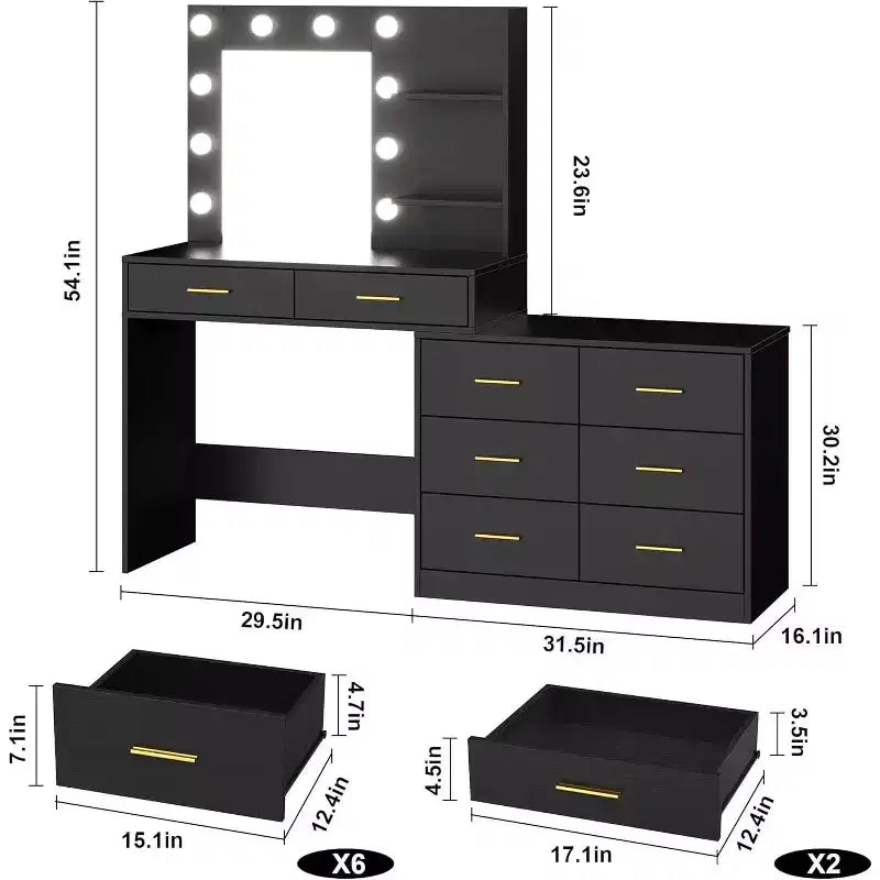 Tocador de maquillaje de 61 pulgadas con espejo y luces, tocador con 8 cajones de almacenamiento amplios y 3 modos de iluminación con brillo ajustable para dormitorio