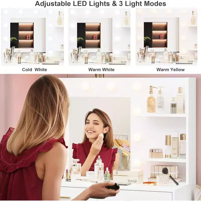 Tocador de maquillaje de 61 pulgadas con espejo y luces, tocador con 8 cajones de almacenamiento amplios y 3 modos de iluminación con brillo ajustable para dormitorio