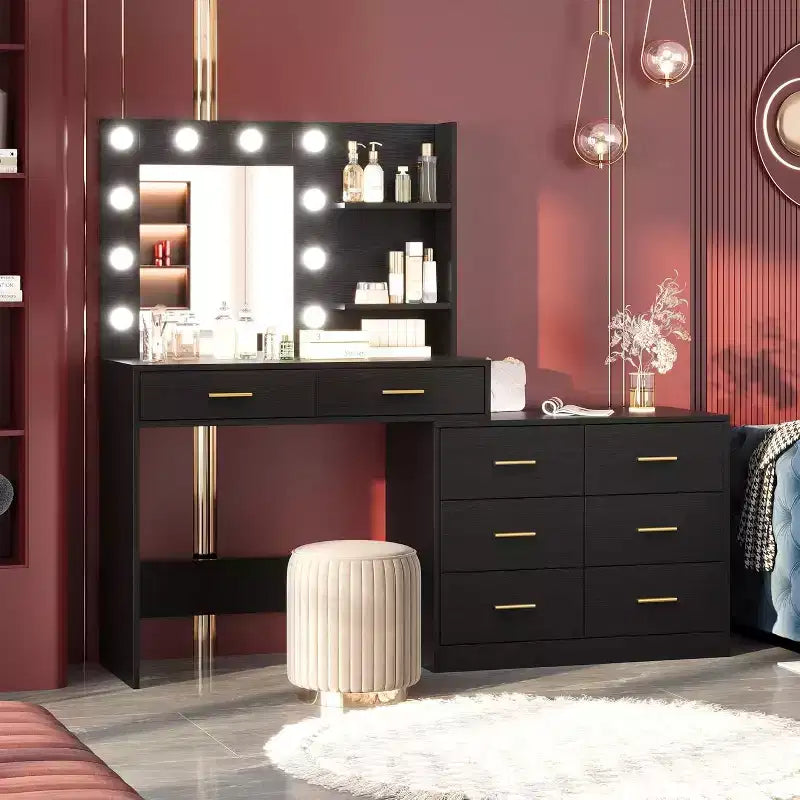 Tocador de maquillaje de 61 pulgadas con espejo y luces, tocador con 8 cajones de almacenamiento amplios y 3 modos de iluminación con brillo ajustable para dormitorio
