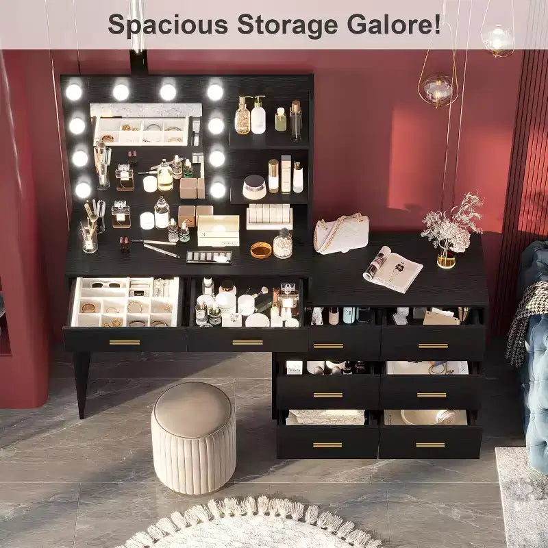 Tocador de maquillaje de 61 pulgadas con espejo y luces, tocador con 8 cajones de almacenamiento amplios y 3 modos de iluminación con brillo ajustable para dormitorio