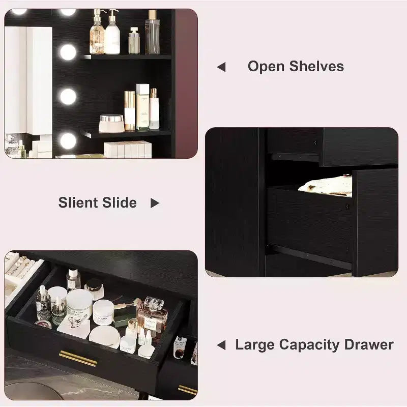 Tocador de maquillaje de 61 pulgadas con espejo y luces, tocador con 8 cajones de almacenamiento amplios y 3 modos de iluminación con brillo ajustable para dormitorio