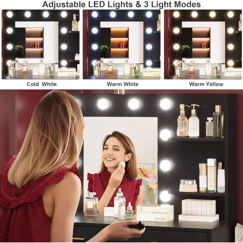 Tocador de maquillaje de 61 pulgadas con espejo y luces, tocador con 8 cajones de almacenamiento amplios y 3 modos de iluminación con brillo ajustable para dormitorio
