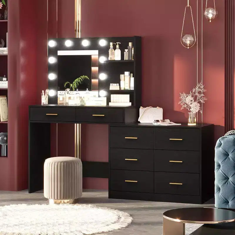 Tocador de maquillaje de 61 pulgadas con espejo y luces, tocador con 8 cajones de almacenamiento amplios y 3 modos de iluminación con brillo ajustable para dormitorio