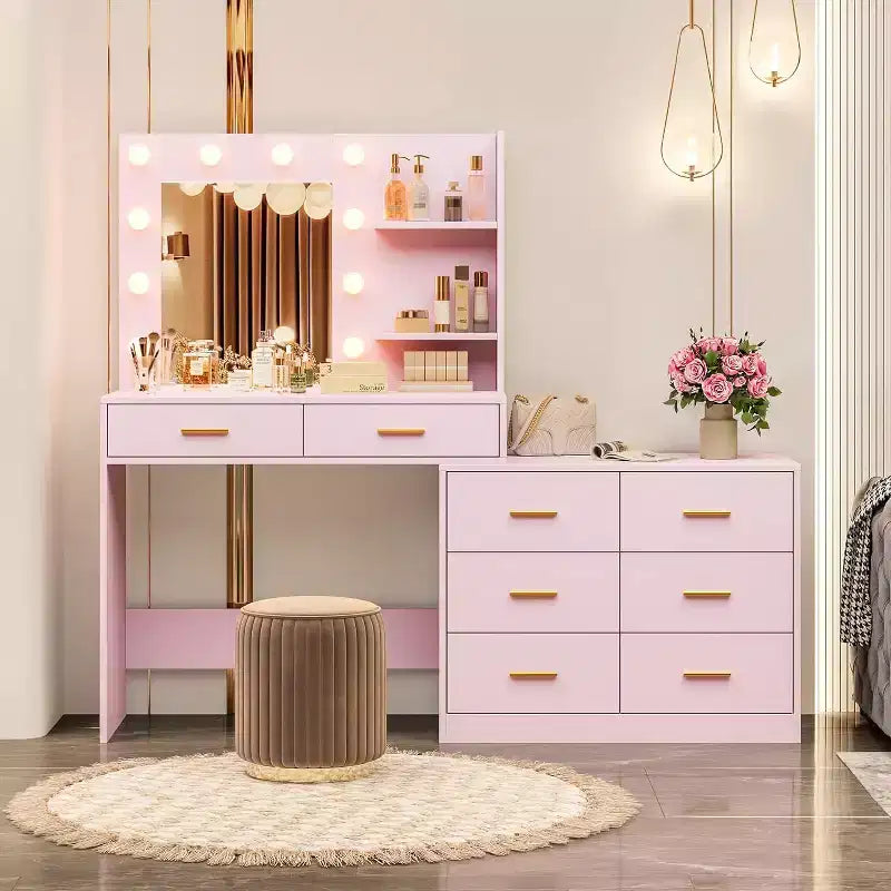 Tocador de maquillaje de 61 pulgadas con espejo y luces, tocador con 8 cajones de almacenamiento amplios y 3 modos de iluminación con brillo ajustable para dormitorio
