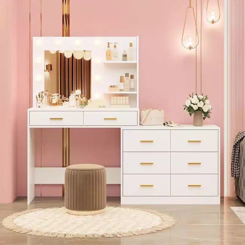 Tocador de maquillaje de 61 pulgadas con espejo y luces, tocador con 8 cajones de almacenamiento amplios y 3 modos de iluminación con brillo ajustable para dormitorio