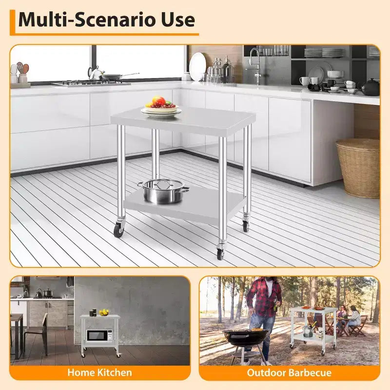 Mesa de Trabajo de Acero Inoxidable con Ruedas - Mesa de Preparación Comercial con Estante Ajustable, Capacidad de 300 lb