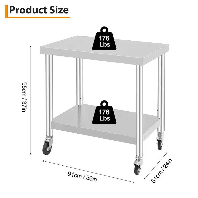 Mesa de Trabajo de Acero Inoxidable con Ruedas - Mesa de Preparación Comercial con Estante Ajustable, Capacidad de 300 lb
