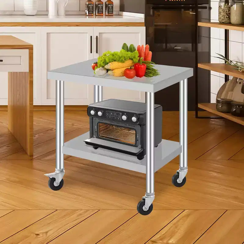 Mesa de Trabajo de Acero Inoxidable con Ruedas - Mesa de Preparación Comercial con Estante Ajustable, Capacidad de 300 lb