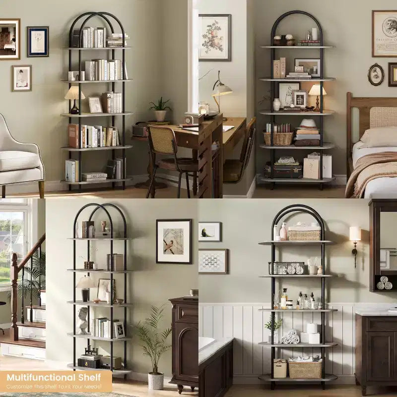 Estantería para salón - Librería arqueada de 5 niveles de 71 pulgadas con estructura metálica, estantería de almacenamiento independiente para dormitorio, oficina