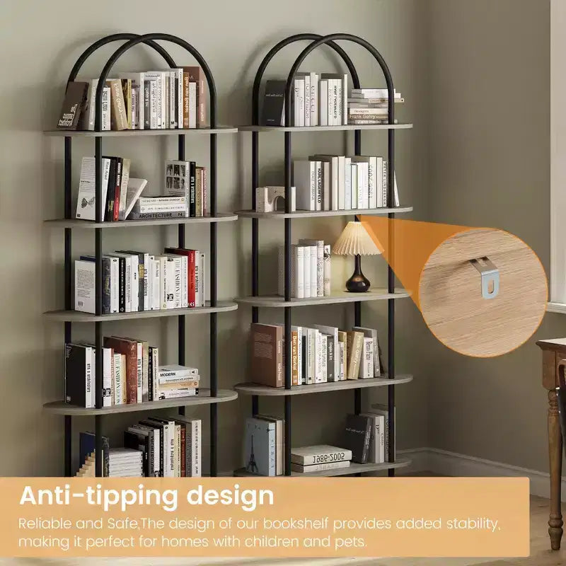 Estantería para salón - Librería arqueada de 5 niveles de 71 pulgadas con estructura metálica, estantería de almacenamiento independiente para dormitorio, oficina