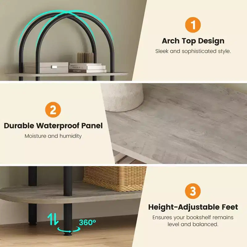 Estantería para salón - Librería arqueada de 5 niveles de 71 pulgadas con estructura metálica, estantería de almacenamiento independiente para dormitorio, oficina