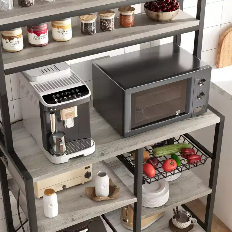 Estantería industrial de cocina para panadero con toma de corriente - Soporte para microondas de 6 niveles que ahorra espacio