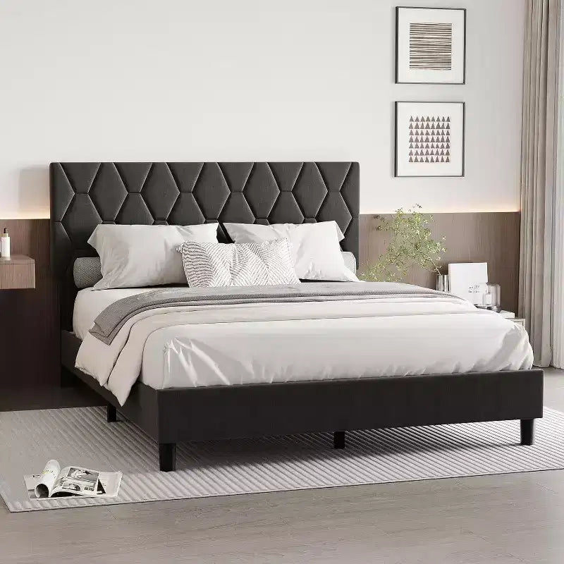 Acekool Upholstered Platform Bed - Queen Size with Headboard & Wood Slats