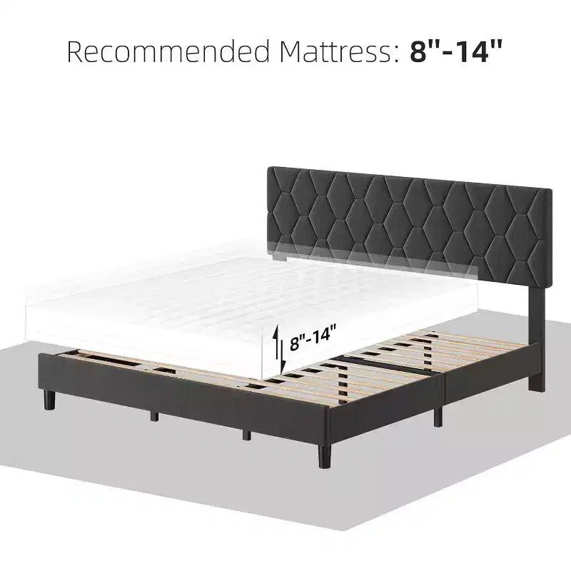 Cama de plataforma tapizada Acekool - Tamaño Queen con cabecero y listones de madera