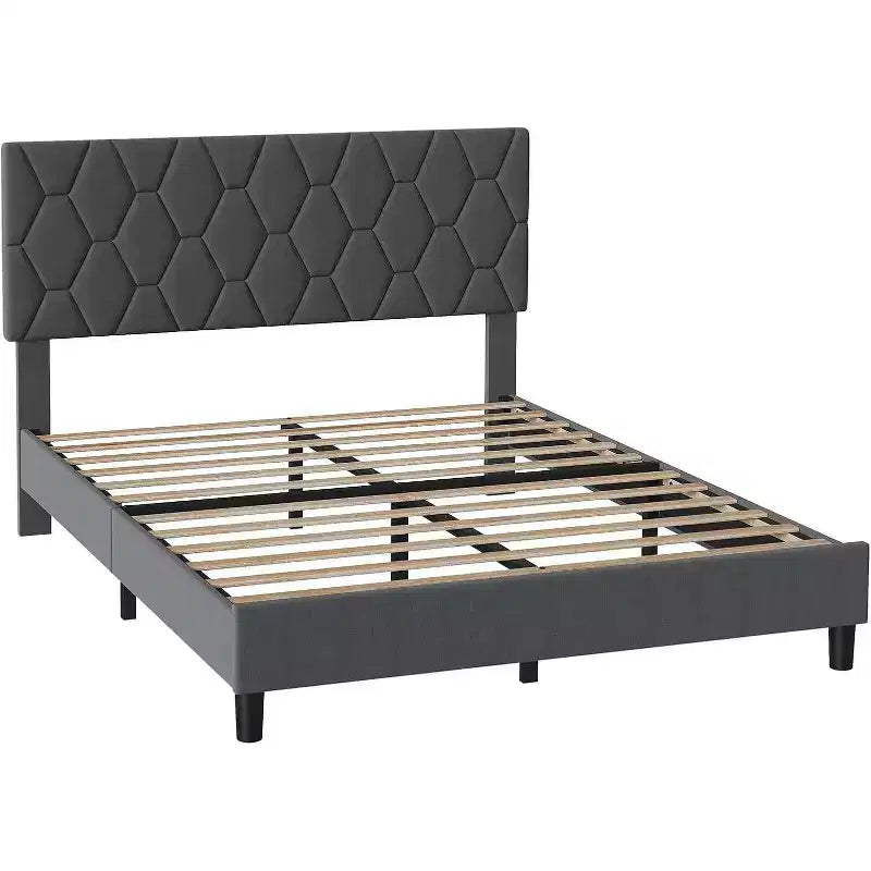 Cama de plataforma tapizada Acekool - Tamaño Queen con cabecero y listones de madera