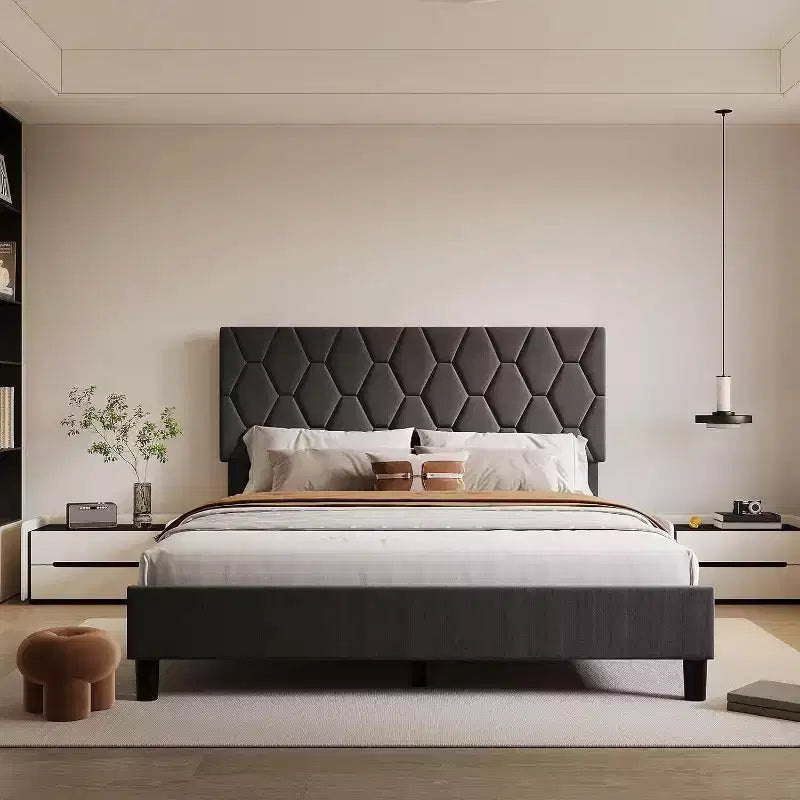 Cama de plataforma tapizada Acekool - Tamaño Queen con cabecero y listones de madera