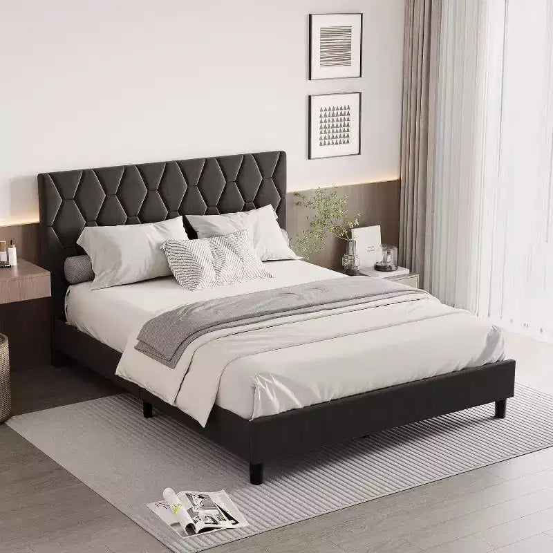 Cama de plataforma tapizada Acekool - Tamaño Queen con cabecero y listones de madera