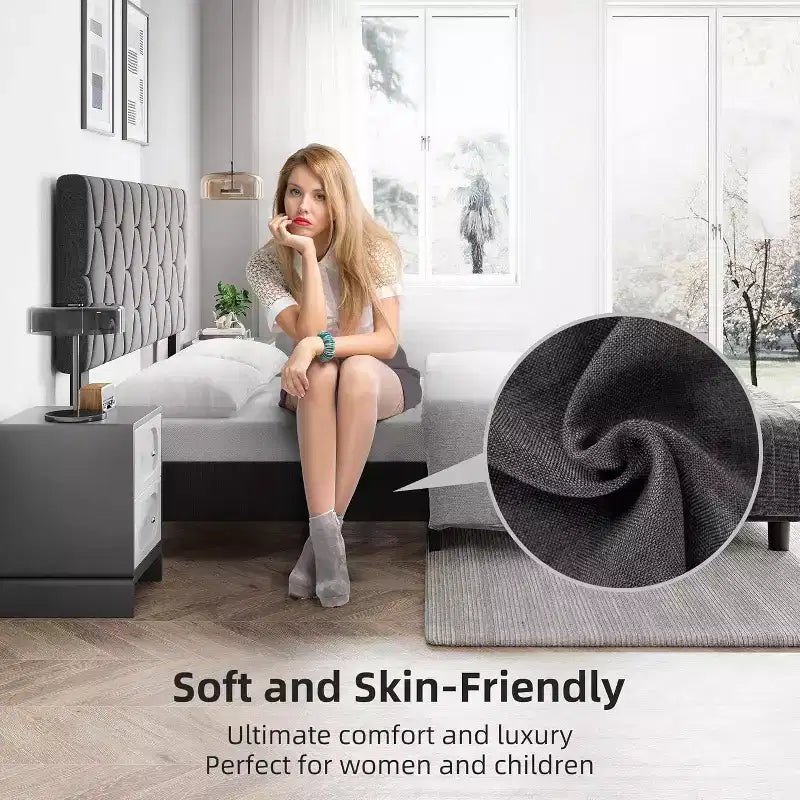 Cama de plataforma tapizada Acekool - Tamaño Queen con cabecero y listones de madera