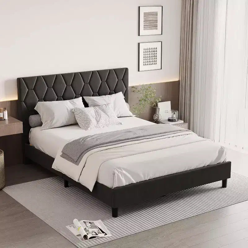 Cama de plataforma tapizada Acekool - Tamaño Queen con cabecero y listones de madera