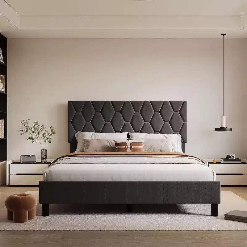 Cama de plataforma tapizada Acekool - Tamaño Queen con cabecero y listones de madera
