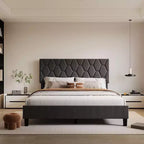 Cama de plataforma tapizada Acekool - Tamaño Queen con cabecero y listones de madera