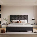 Cama de plataforma tapizada Acekool - Tamaño Queen con cabecero y listones de madera