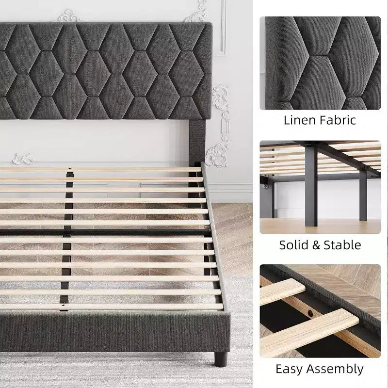 Cama de plataforma tapizada Acekool - Tamaño Queen con cabecero y listones de madera