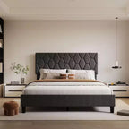 Cama de plataforma tapizada Acekool - Tamaño Queen con cabecero y listones de madera