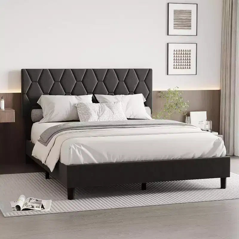 Cama de plataforma tapizada Acekool - Tamaño Queen con cabecero y listones de madera