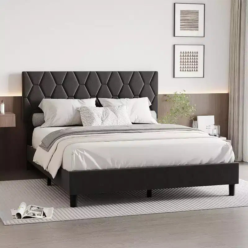 Cama de plataforma tapizada Acekool - Tamaño Queen con cabecero y listones de madera