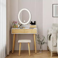 ELECWISH 23.6 Wood Grain Makeup Vanity Desk Set with LED Mirror & Stool - 3-Way Lighting, USB Charging Station, Blow Dryer Holder, Storage Shelves